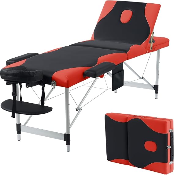 Gaussen Portable Massage Table,84" Massage Tables Portable with Neck Stretcher 3 Fold Adjustable Height Lash Bed Massage Bed Tattoo Table for Eyelash Spa (Aluminum, Black+Red-3 Folding)