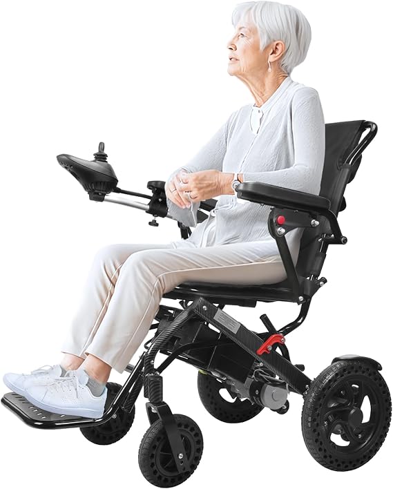 22kg Folding Electric Wheelchair, Travel Wheel Chair with 2×250W Motors, Mobility Aid with Carbon Alloy Frame & Pneumatic Tires & 20 km Range, Power Chair Outdoor Commuting for Seniors Carbon Fibre