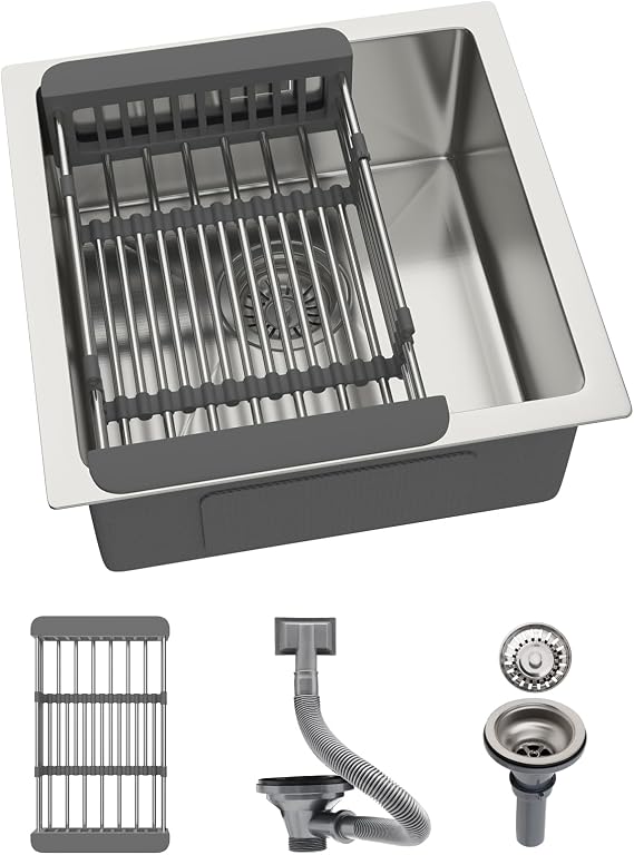 304 Stainless Steel Kitchen Sink 40 x 40 cm | Undermount Single Bowl Campervan Sink Workstation Sink with Waste Kit, Drain pipe and Pull-out Drainer Basket