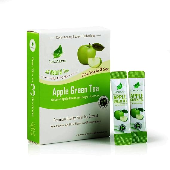 Apple Green Instant Tea on the Go LeCharm 100% Natural Tea Extract, Unsweetened Drink Instant Crystallized Tea Powder for Pure Water, Iced Tea and Hot Tea (10 Sachets)