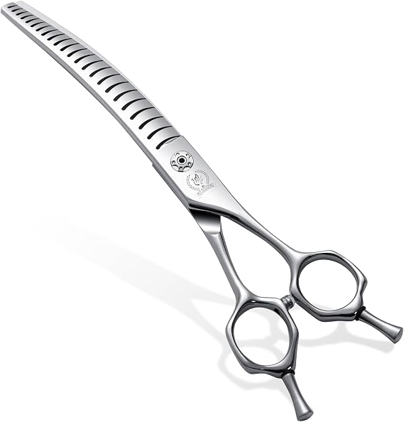 Professional Dog Grooming Scissors for Thick Coated Dogs - 7 Inch Curved Chunker Shears with 85% Thinning, JP Cobal Steel & 25Blade for Professional Hair Trimming