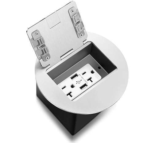 Kanayu Silver Recessed Floor Outlet 3.98"x 3.66"x 4" 1-Gang with 4.8a USB Chargers 20 Amp Floor Receptacles Round Outlet Kit Electrical Waterproof Box Cover, ETL Listed