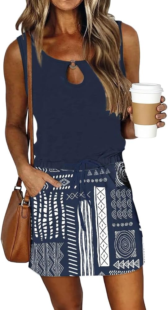SAUKOLE Womens Summer Causal Loose Sleeveless Crew Neck Drawstring Waist Mini Short Dress with Pockets