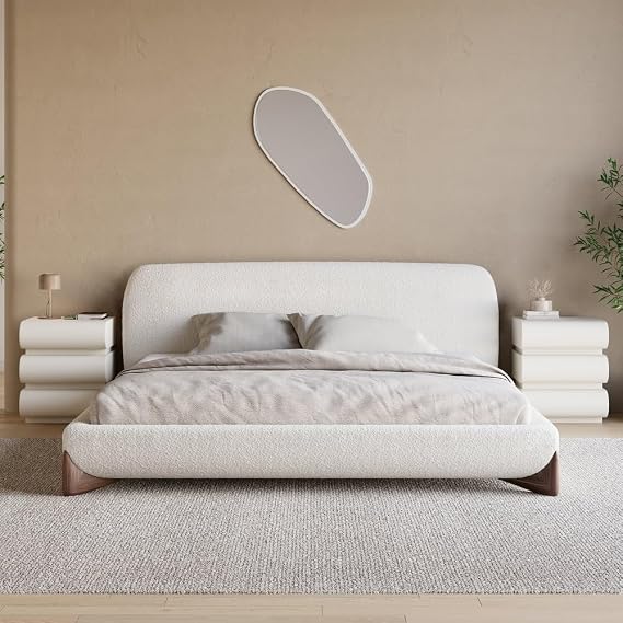 homary 3 Pieces Bedroom Sets, King Size Upholstered Bed with 2 Leather Nightstands Modern Bedroom Set with Wireless Charging & USB Ports, 2 Drawer Storage Nightstands