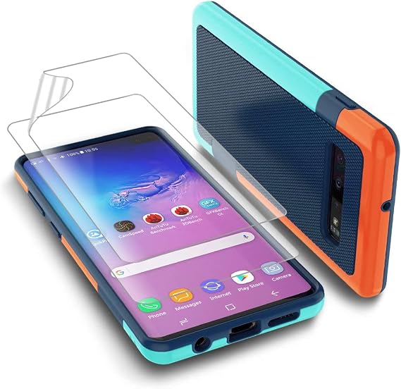 for Galaxy S10 Case, Case for Galaxy S10 with 2 Pack HD Soft Screen Protector, Contrasting Colors Ultra Slim One-Piece Anti-Slip Rugged Soft TPU Bumper Shockproof Cover - Blue