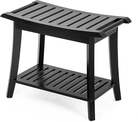Bamboo Shower Bench Inside Shower Stool with Storage Shelf, Spa Bath Chair for Bathroom, Seat or Organizer for Living Room, Bedroom and Garden - Great for All Ages Unisex Elderly (Waterproof, Black)