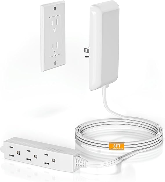 Flat Plug Extension Cord - 3 Outlets Power Strip with Detachable Ultra-Thin Outlet Cover, 3FT Cord, 13A 125V 1625W, ETL Listed, White - Ideal for Home, Office, Living Room, Bedroom