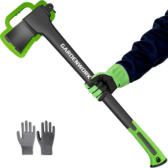 GARDENWORK Wood Splitting Axe,32" Chopping Axe for Heavy Duty Woood Cutting | Axe for Chopping Wood, Shock Absorber Handle and Anti Slip Grip,Forged Steel Blade with Protective Cover and Non Slip Gloves