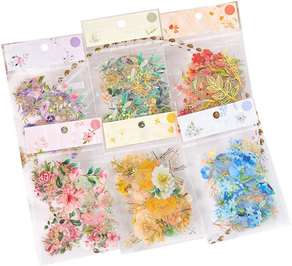MOMI Seal Flower Seal Flake Seal Transparent Foil Stamping Waterproof Flower DIY Diary Decoration Transparent Waterproof Memo Paper Note Material Diary Decoration Supplies Pack of 6
