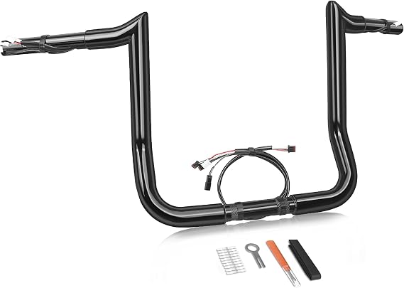 14" Rise Pre-Wired Handlebars Ape Hangers 1 1/4" Fat 1" Clamp Meathook Monkey Bar Gloss Black Fit for Harley Touring Miter Cut 2013 Cvo 2016-2023 Street Glide Electra Glide Ultra Limited