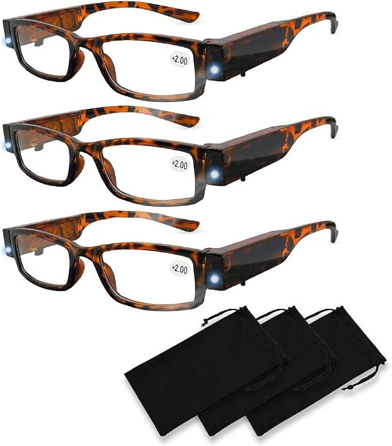 Reading Glasses with Light Bright LED Readers with Lights Reading Glasses Lighted Magnifier Nighttime Reader Compact Full Frame Eyewear Clear Vision Unisex Clear Vision Lighted Eye Glasses (+200)