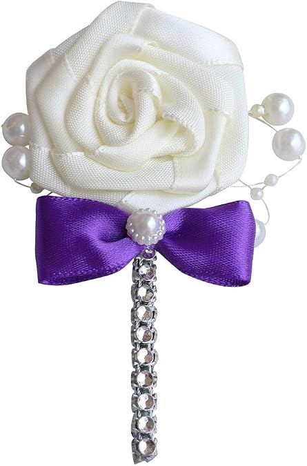 Wedding Corsage Groom Boutonniere Cream Ribbon Rose Flower Crystal Rhinestone Pearl Beaded Brooch with Bowknot