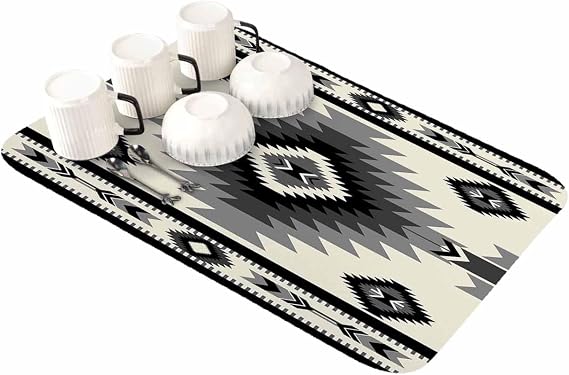 Beige Black Southwest Dish Drying Mat for Kitchen Counter, Ultra Absorbent Coffee Mat/Dish Drainer, Western Geometric Abstract Ethnic Quick Drying & Non-slip Drying Mat Rack Pad, 12"W x 16"L