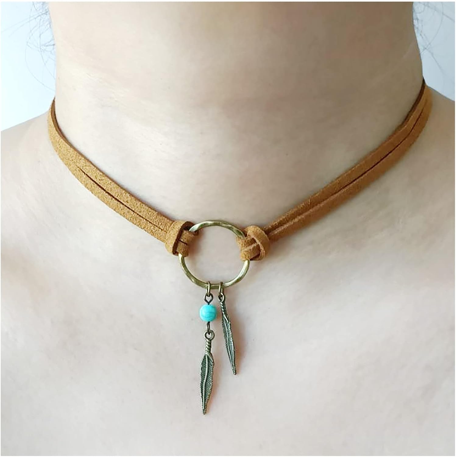 Turquoise Feather Choker Necklace Gothic Bohemian Leaf Leather Chain Jewelry for Women Girls Khaki