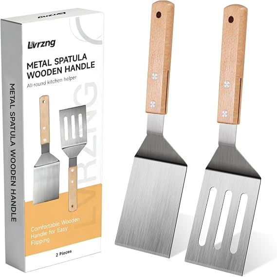 Stainless Steel Spatula Set, 2 Pcs Metal Spatulas for Kitchen Use, Professional Metal Spatula for Cast Iron Skillet with Wooden Handle, Ideal Choice for Making Desserts, Pancakes, Eggs, and BBQ