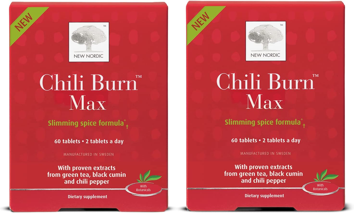 NEW NORDIC Chili Burn Max | Natural Slimming Green Tea, Chili Pepper, Black Cumin Extract | 60 Count Pack of 2