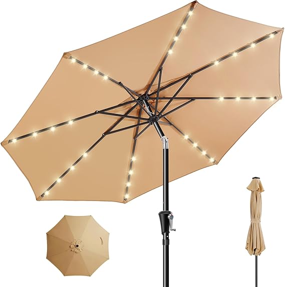HOMSHADE 9FT Solar Patio Umbrella, 45 Easy Tilt Outdoor Table Umbrella