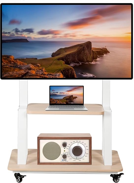 Mobile TV Stand Rolling TV cart for 32-75 Inch Rolling TV Stand with Wheels Flat/Curved LED/LCD/OLED Height Adjustable Heavy-Duty Portable Floor Mount with Wood Shelf Holds up to 100lbs White