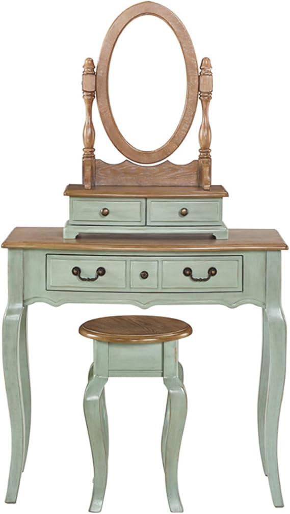 Shabby Chic Vanity Desk, Accent Dressing Table with Drawers and Stool, Makeup Table for Bedroom, Antique Blue, 85 X 40 X 78cm (Color : Blue, Size : 80cm Vanity Set)
