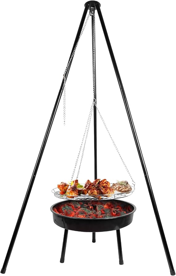 campfire grill, campfire tripod with a barbecue basin, suitable for outdoor travel and gatherings (chain)
