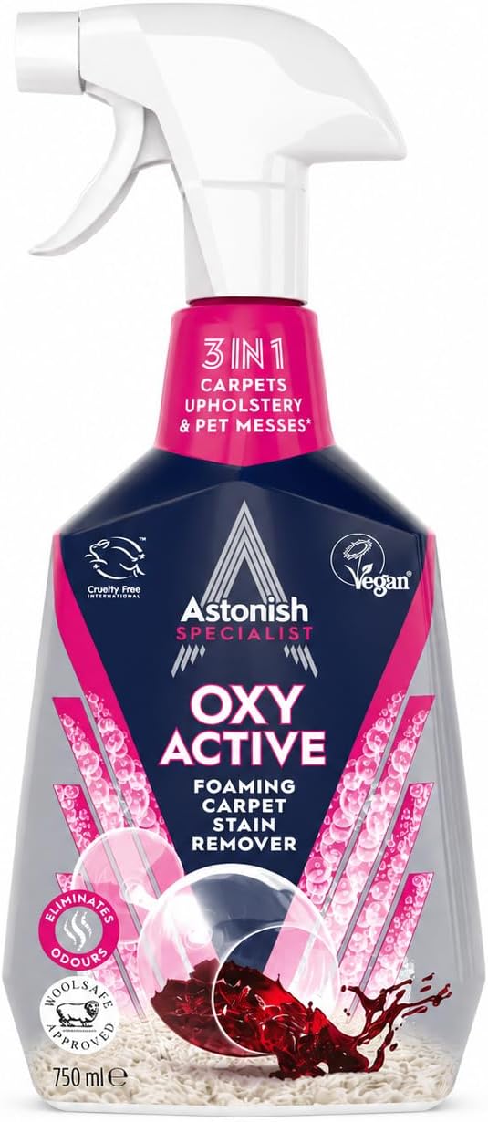 Astonish Oxy Active Foaming Carpet Stain Remover Spray Deep Cleaning Upholstery Cleaner for Rugs, Pet Odours, Tough Spills Wool Safe Approved Household Solution for Fresh, Revitalised Fabrics
