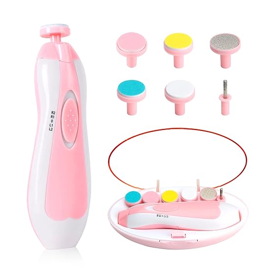 Qunlions life Baby Nail Trimmer File with Light - Safe Electric Nail Clippers Kit for Newborn Infant Toddler Kids Toes and Fingernails - Care, Polish and Trim - Battery Operated (AA), Pink