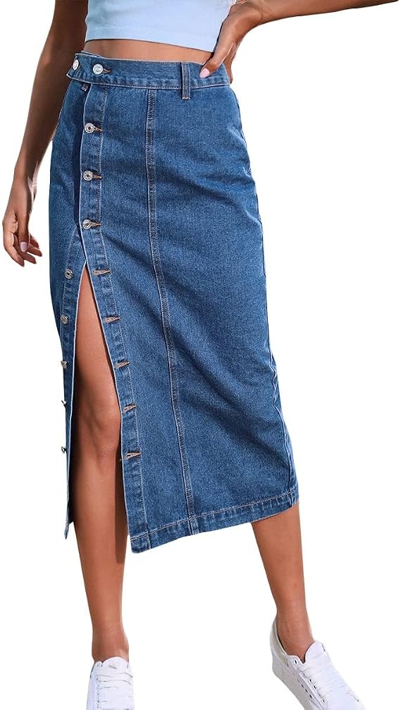 DMOYALA Womens Casual Slit Denim Midi Skirt 2024 Summer High Waisted Button Up Denim Jean Skirts XS-L