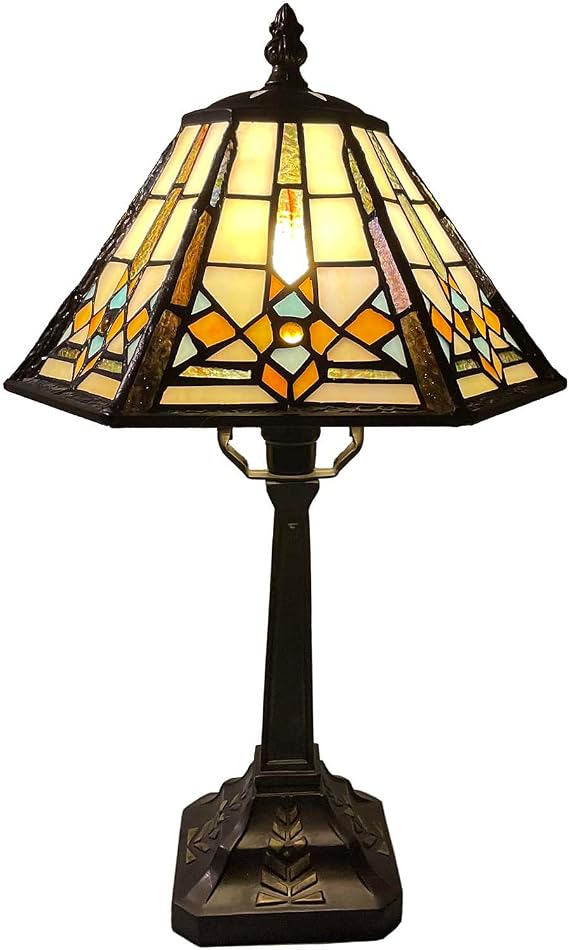 Bieye L10791 Mission Style Table Lamp Tiffany Stained Glass Night Light with Hexagonal Cone Lampshade, 10" W x 16" H