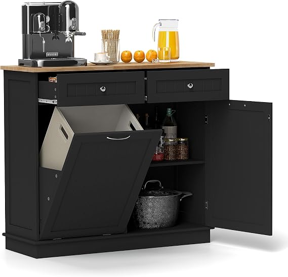 Tilt Out Trash Cabinet, Kitchen Island with 2 Drawers & Adjustable Shelf, Rubber Wood Countertop, Freestanding Laundry Hamper, Recycle Bins Pet Proof Garbage Can Holder (Black)