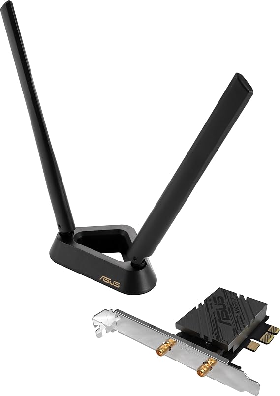 ASUS PCE-BE92BT WiFi 7 PCI-E Adapter 2 external antennas and magnetized base supports 6GHz band 320MHz Bluetooth 5.4 WPA3 network security