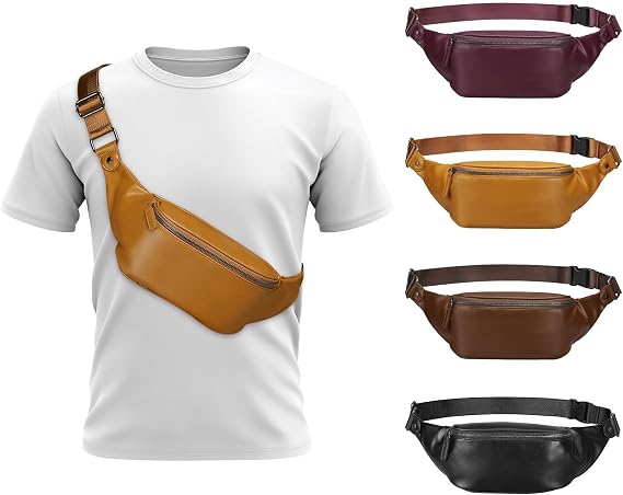 Faux Leather Belt Bag for Men Back Zipper Pocket Beige