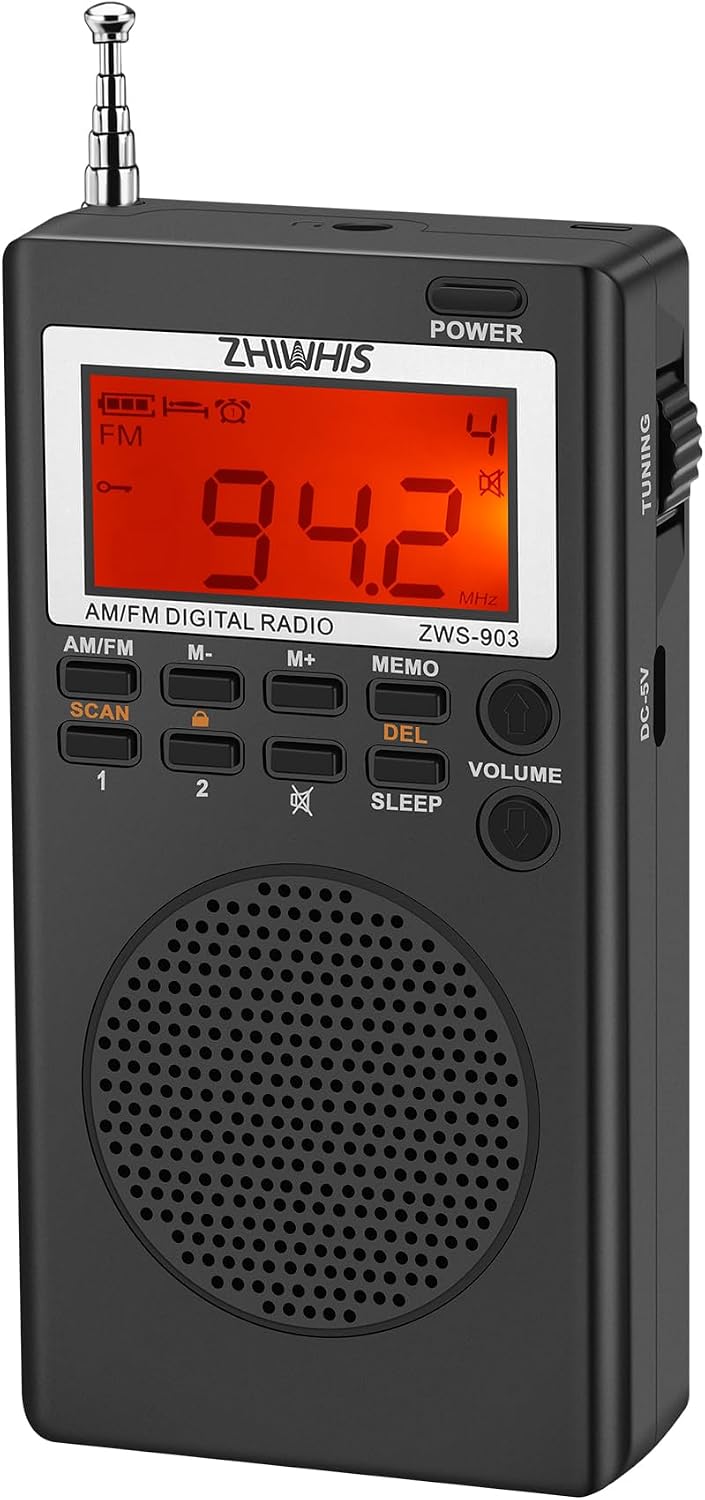 ZHIWHIS 2024 ZWS-903 Disaster Prevention Radio, FMAMWide FM Compatible, Small, High Sensitivity, Battery-operated, USB C Power Supply, 45 Hours Continuous Playback, Timer, Digital Clock, Auto Power