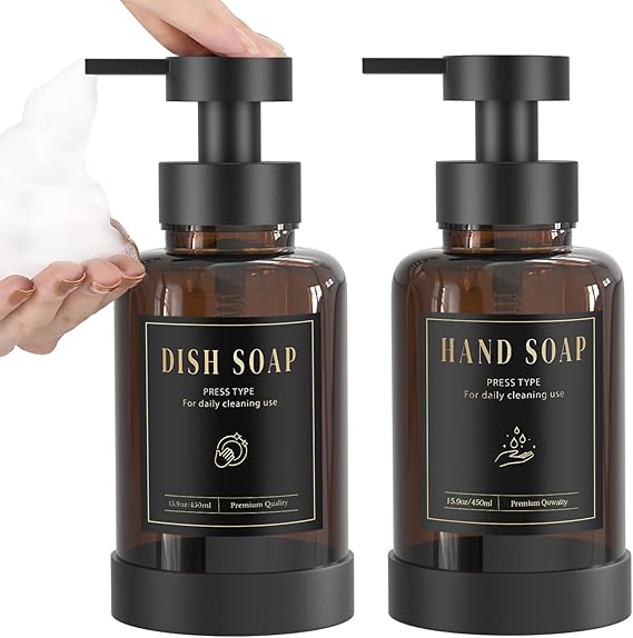 Luxspire Glass Foaming Soap Dispenser 15oz Hand Soap Bottle, Amber, 2 Pack | Anti-drip pump, wide mouth easy refill, non-slip silicone base, 7 waterproof labels, bathroom and kitchen sink use