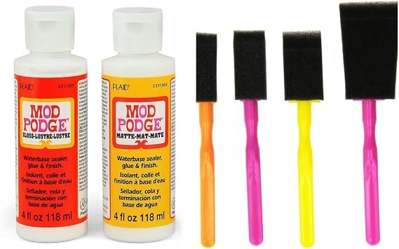 Mod Podge Decoupage Starter Kit Bundle with 6 Items -- Gloss and Matte Medium with 4 Foam Brushes