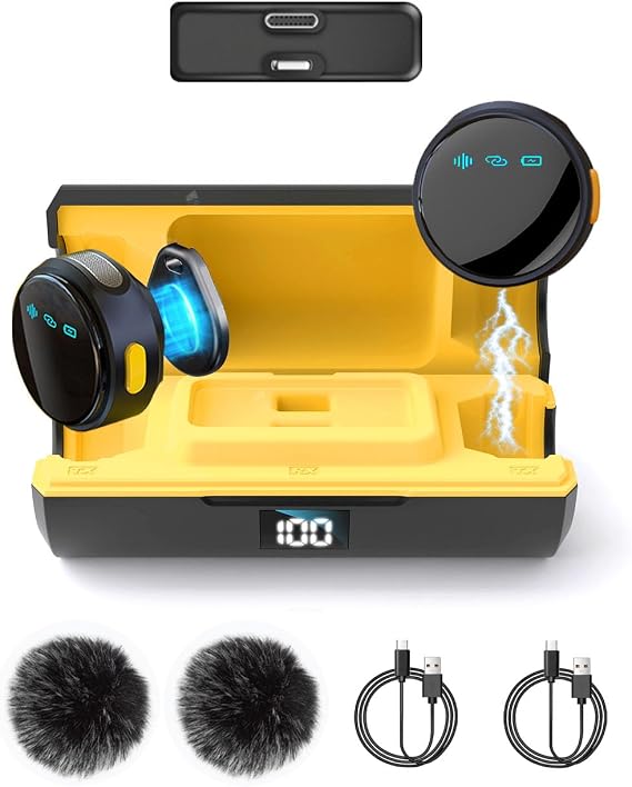 Caiord 2Pack Wireless Lavalier Microphone for iPhone iPad Android with Charge Case, Mini Clip/Magnetic Microphones for Lightning/USB-C Video Recording, Vlogging, YouTube, Interviews, 100FT