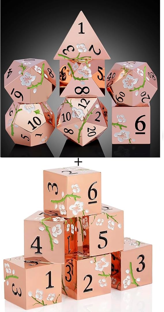 DNDND Rose Gold Flower Metal Dice Set with Gift Case and DNDND 6PCS D6 Flower Dice with Velvet Pouch