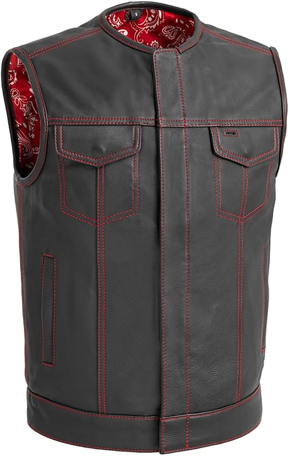 First Mfg Co - Men's Motorcycle Biker Riding Red Black Leather Vest - Contrast stitching