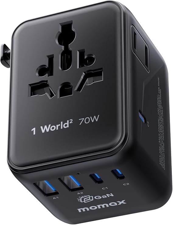 MOMAX 70W Universal Travel Adapter 7-in-1 GaN International Power Adapter | AC*2/USB-C*2 PD/USB-A*2 QC, Plug Adapter for UK/AUS/EU/JP and 200+ Countries, Compact Travel Adapter for Laptop/Phone, Black