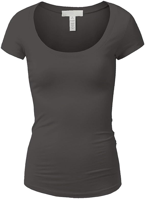 Active Basic Womens Plain Basic Deep Scoop Neck with Cap Short Sleeves - Charcoal - Medium