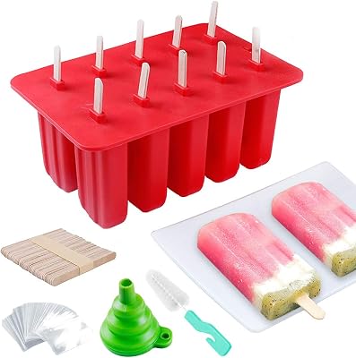 Popsicle Molds Shape Maker, OuTera 10-Cavity Silicone Ice Pop Molds and Makers with 50 Popsicle Sticks, 50 Popsicle Bags, Silicone Funnel and Cleaning Brush Red