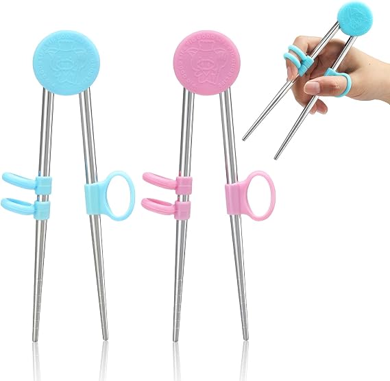 Patelai 2 Pairs Training Chopsticks for Kids Adults Beginners, Blue, Pink