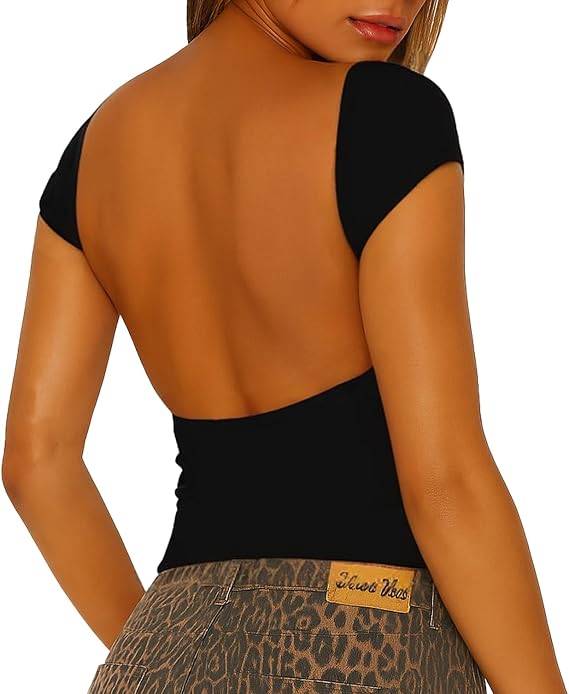 ForeFair Women Sexy Backless Short Sleeve Slim Fit Crewneck Summer Casual Y2K Crop Tee
