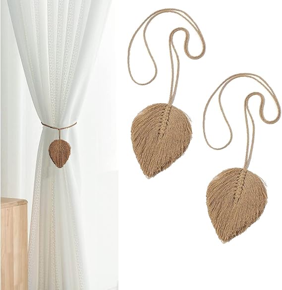 Retro Curtain Ropes Holdbacks - 2 Pcs Rural Leaf Tassel Cotton Drapery Tiebacks and Holders for Drapes, Shower (Khaki)