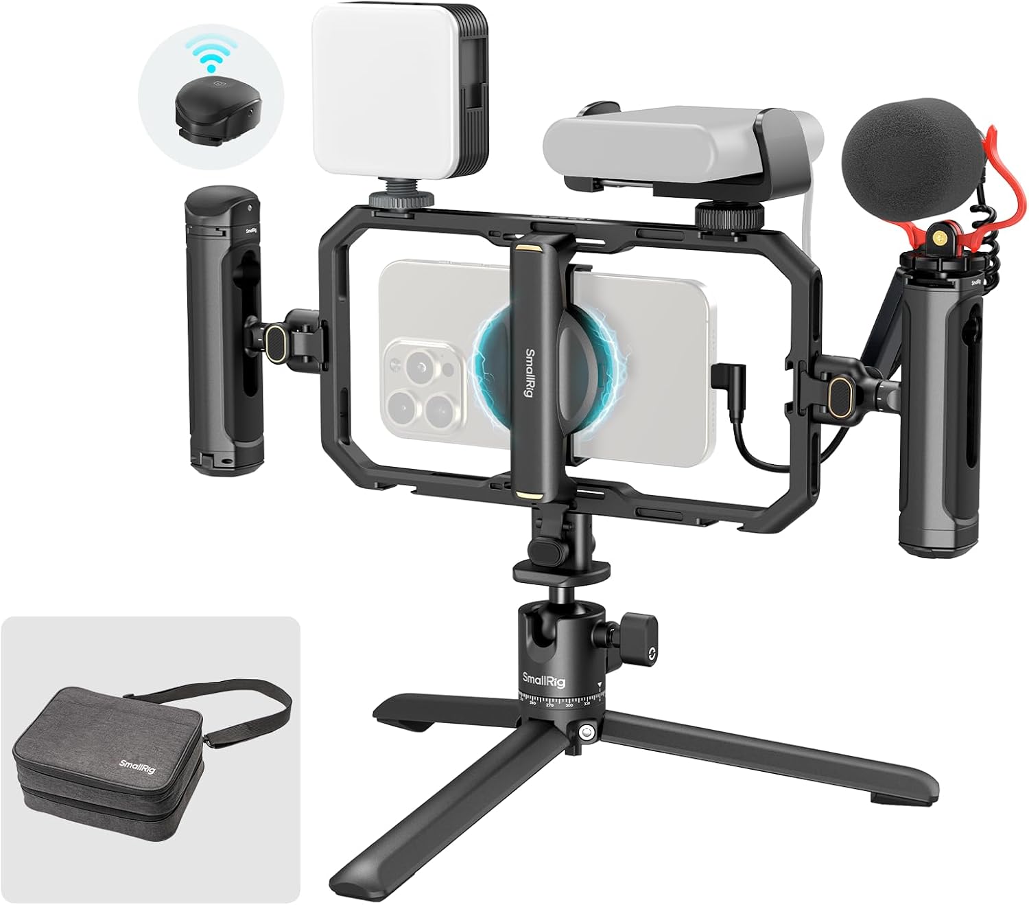 SMALLRIG All-in-One Universal Quick Release Phone Video Rig Kit Pro, Phone Stabilizer Rig Kit with LED Light Microphone QR Tripod Dual Handles Power Bank Holder, for Vlogging & Live Streaming - 4704