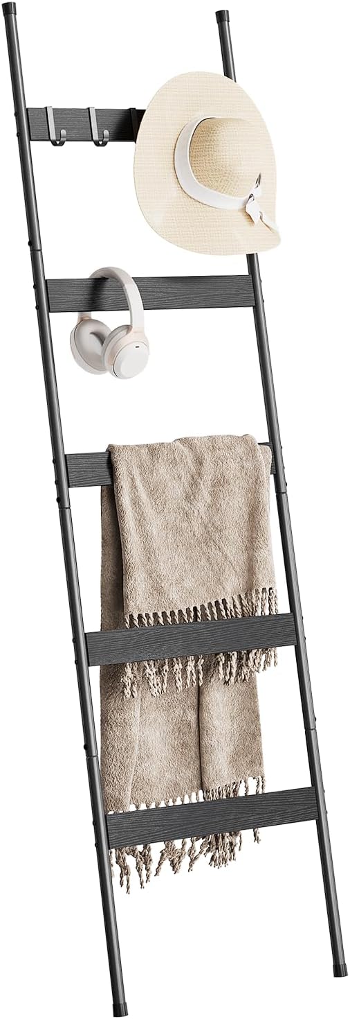ELYKEN Blanket Ladder, 5-Tier Towel Rack, Wall-Leaning Quilt Holder