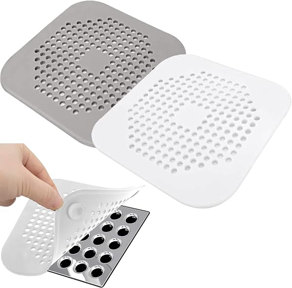 Shower Drain Hair Catcher - Silicone Square Drain Cover for Shower or Kitchen Drain - Catches Hair & Debris Without Blocking Drainage - 5.7- inch Square Drain with Suction Cups 2 Pack (Variety)