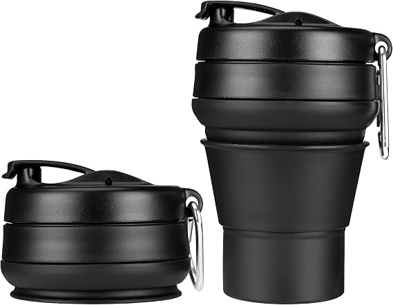 Katlanabilir Kahve Fincanı, 16oz 480 ml Silikon Katlanır Kamp Kupası, Sızdırmaz BPA Serbest Taşınabilir Fincan, Yürüyüş için Kapaklı Seyahat kupası (Siyah)