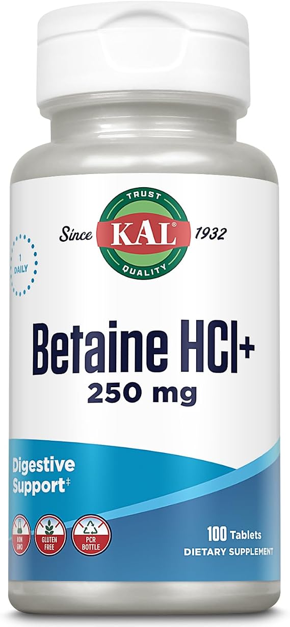 KAL Betaine HCL with Pepsin Supplement for Women & Men, 100 Tablets | Digestive Enzymes for Gut Health Support, Betaine Hydrochloride 250mg, Calcium Support for Stomach Acid, Gluten Free, Non GMO