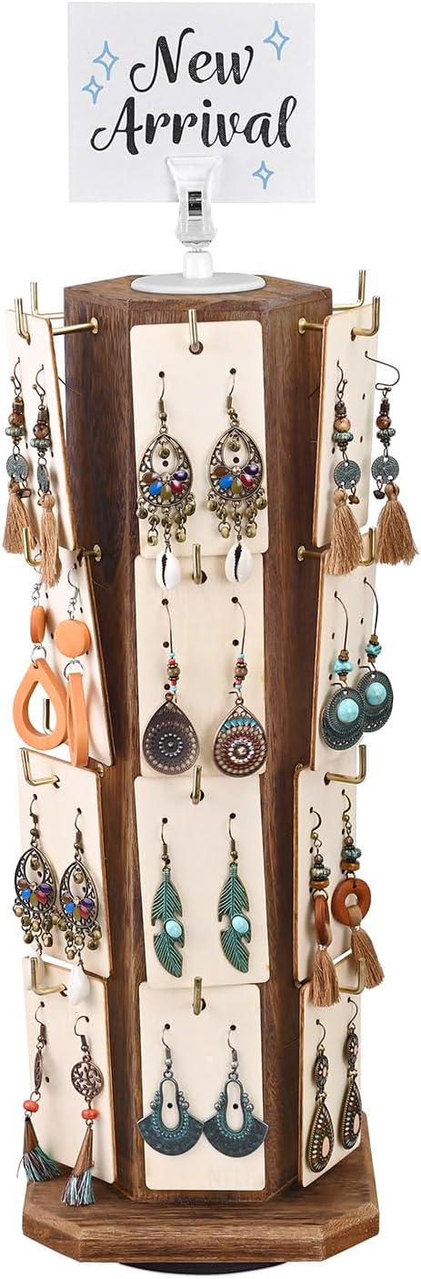 Ikee Design Free Assemble 24 Hooks Wood Hexagon 6 Sided Rotating Jewelry Display Stand Tower for Earrings,Bracelets, Keychain Earring Display Stand for Selling, Showcase, Brown Color