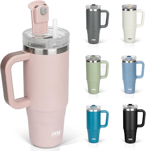 TYESO Vacuum Insulated Tumbler Water Bottle Cold Insulation Stainless Steel Bottle Straw Handle Mug Double Wall Wide Mouth (LIGHT PINK, 30 oz)